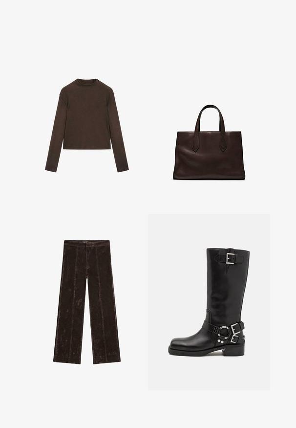 Dunkelbrauner Pullover mit Rundhalsausschnitt und langen Ärmeln, leicht cropped und schlicht, nahtlos gestaltet.; Bequeme weit geschnittene Hosen in Dunkelbraun, mit einer samtartigen Textur, vertikalen Nähdetails und einem elastischen Taillenbund.; Schwarze kniehohe Stiefel aus Leder mit silbernen Schnallen und einem runden Akzent, featuring eine abgerundete Zehe und einen niedrigen Blockabsatz. Glatte Textur.; Braune Ledertasche mit zwei langen Griffen, strukturierte rechteckige Form, glatte Textur und dezente Nähdetails.
