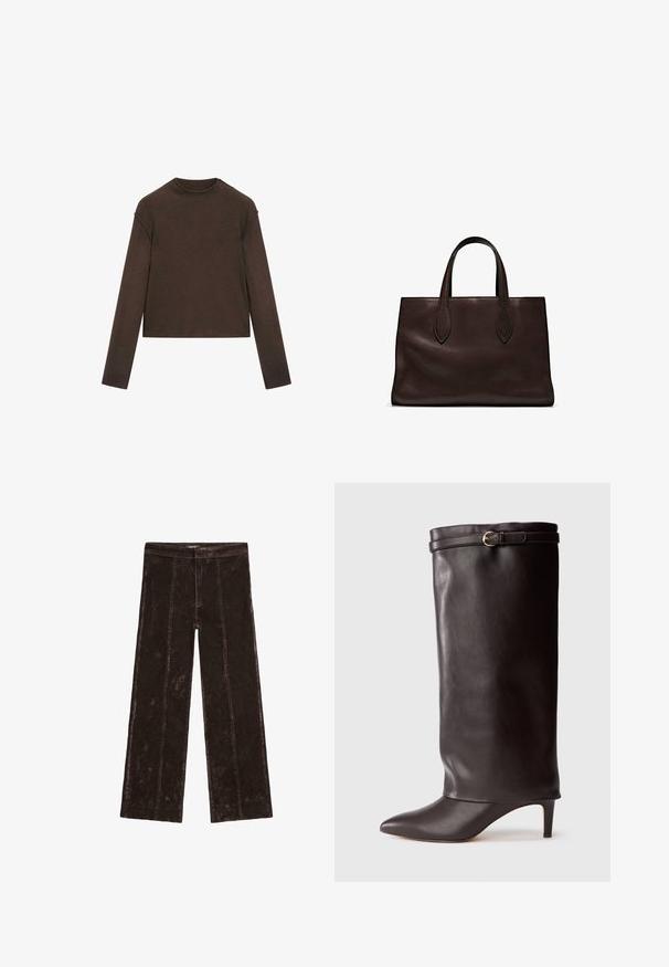 Dark brown long-sleeve crew neck sweater with a slightly cropped fit and simple, seamless design.; Wide-leg trousers in dark brown, featuring a suede-like texture, vertical stitching details, and an elastic waistband for comfort.; Black leather knee-high boot with pointed toe and a slim heel. Features a fold-over top with a gold-tone buckle accent. Smooth texture.; Brown leather tote bag with two elongated handles, structured rectangular shape, smooth texture, and subtle stitching details.
