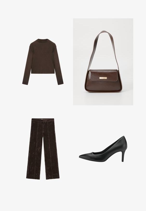 Dark brown long-sleeve crew neck sweater with a slightly cropped fit and simple, seamless design.; Wide-leg trousers in dark brown, featuring a suede-like texture, vertical stitching details, and an elastic waistband for comfort.; Black leather high heel shoe with a pointed toe, featuring a cutout design and a slim stiletto heel. Smooth texture and sleek silhouette.; Brown leather shoulder bag with a structured shape, featuring a magnetic flap closure and a metallic logo accent on the front.