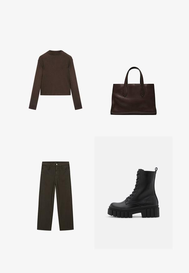 Mörkbrun tröja med lång ärm och rund hals, något kortare passform och enkel, sömlös design.; Mörkgröna vida jeans i bomullsblandning, med knäppning fram, fem fickor och klassisk denimstickning.; Svart läderankel stövel med kraftig, räfflad sula, snörning framtill och en dragrem på slät vit bakgrund.; Brun läder tote-väska med två avlånga handtag, strukturerad rektangulär form, slät textur och subtila sömdetaljer.; Svart resinarmband med en slät, glänsande yta och rundade kanter. Har en liten guldfärgad "Pilgrim"-logotyp på insidan.