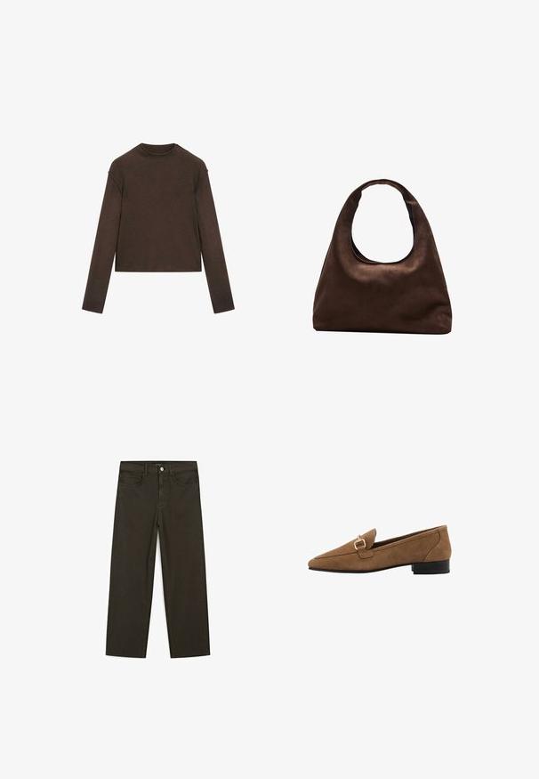 Maglione a maniche lunghe color marrone scuro con scollo rotondo, leggermente corto e dal design semplice e senza cuciture.; Jeans a gamba larga di colore verde scuro, realizzati in tessuto misto cotone, dotati di chiusura con bottone frontale, cinque tasche e cuciture classiche in denim.; Mocassini in suede marrone con punta affusolata, caratterizzati da una fibbia dorata e un tacco nero basso. Texture semplice e liscia, design classico.; Borsa hobo di un morbido marrone con una sola tracolla larga e un'apertura a manico curvo, esposta su uno sfondo bianco.