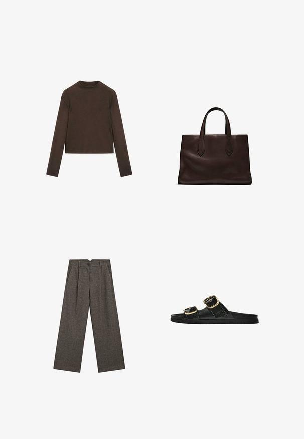 Ciemnobrązowy sweter z długim rękawem i okrągłym dekoltem, o lekko skróconym kroju i prostym, bezszwowym designie.; Szerokie, wysokie ciemnoszare wełniane spodnie z zakładkami z przodu, kieszeniami bocznymi, szlufkami na pasek i zapięciem na czarny guzik.; Czarne klapki z dwoma złotymi klamrami, gładki materiał, płaska podeszwa i minimalistyczny design.; Brązowa skórzana torba tote z dwoma wydłużonymi uchwytami, usztywnionym prostokątnym kształtem, gładką teksturą i subtelnymi detalami przeszycia.