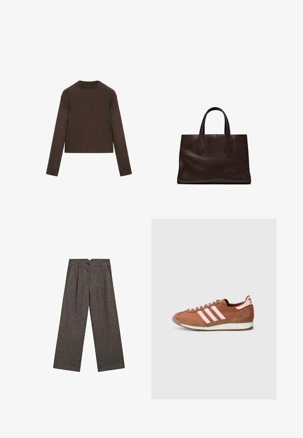 Mörkbrun tröja med lång ärm och rund hals, något kortare passform och enkel, sömlös design.; Breda byxor i mörkgrå ull med hög midja och veck framtill, sidofickor, bälteshällor och svart knappstängning.; Brun och rosa Adidas-sneaker med mockadetaljer, tre rosa ränder på sidan och en vit sula med en grön accent.; Brun läder tote-väska med två avlånga handtag, strukturerad rektangulär form, slät textur och subtila sömdetaljer.