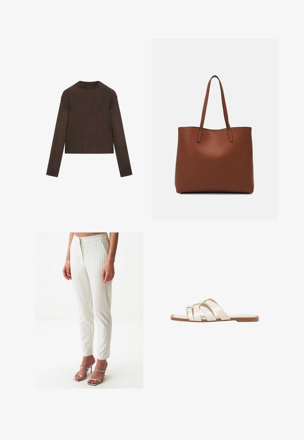 Dunkelbrauner Pullover mit Rundhalsausschnitt und langen Ärmeln, leicht cropped und schlicht, nahtlos gestaltet.; Weiße Nadelstreifenhose in taillierter Passform mit glatter Textur und verdecktem Reißverschluss. Kombiniert mit silbernen, schnörkellosen High Heels.; Flache Sandalen mit einer honigfarbenen Gummisohle, gestaltet mit drei überlappenden weißen Lederriemen und einem kleinen Schleifendetail in der Mitte.; Braune Leder-Tote mit glatter Textur, offenem Oberteil und zwei Schulterriemen. Verfügt über minimale Nähte und keine sichtbaren Beschläge.