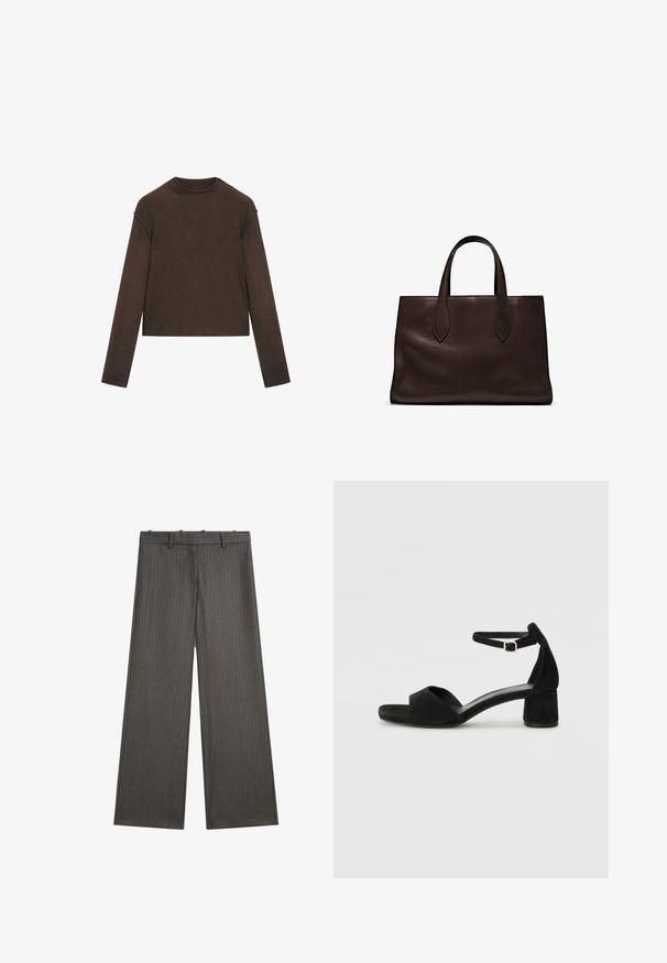 Dark brown long-sleeve crew neck sweater with a slightly cropped fit and simple, seamless design.; Wide-leg trousers in dark gray, featuring a subtle pinstripe pattern. Made of a smooth fabric with a flat front and belt loops.; Black suede heeled sandals with a thin ankle strap, open toe design, and a modest block heel. Smooth texture and minimal accents.; Brown leather tote bag with two elongated handles, structured rectangular shape, smooth texture, and subtle stitching details.