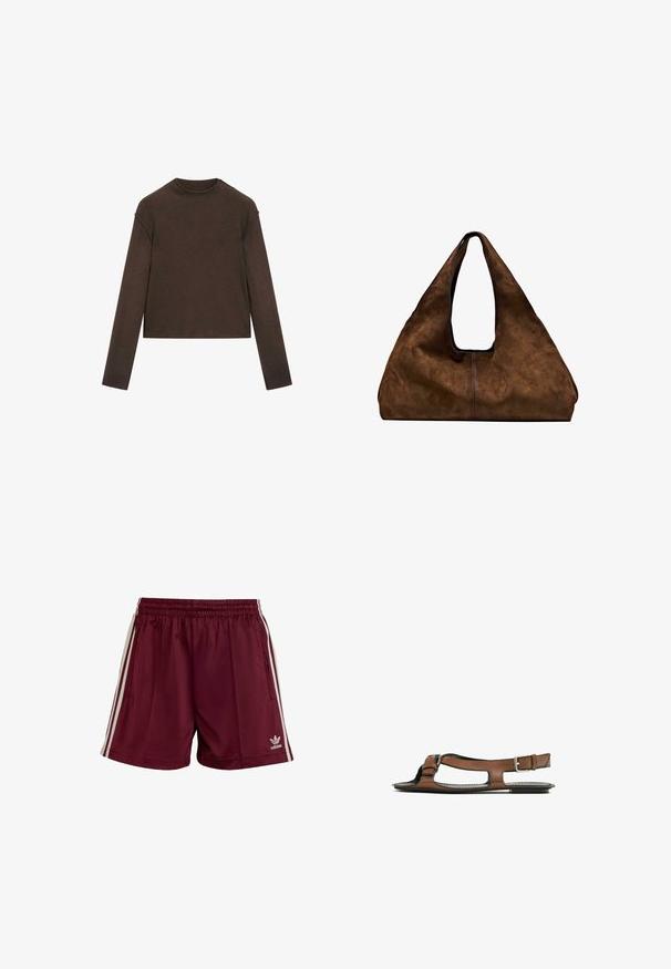 Mörkbrun tröja med lång ärm och rund hals, något kortare passform och enkel, sömlös design.; Burgundy sportshorts med elastiskt midjeband, tre vita ränder på varje sida och en liten vit Adidas-logotyp på nedersta vänstra sidan.; Brun lädersandal med öppen tå och sidoklipp. Har en ankelrem med en metallspänne och en platt sula.; Brun mocka axelväska med öppen topp. Har en djup, bred kropp, urgröpt handtag och minimal sömnad för en ren design.