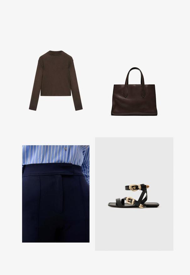 Dunkelbrauner Pullover mit Rundhalsausschnitt und langen Ärmeln, leicht cropped und schlicht, nahtlos gestaltet.; Scalpers SUN - Stoffhose - navy; Schwarze Ledersandalen mit goldenen Schnallenakzenten, die mehrere Riemen und ein flaches Sohlendesign für das Tragen mit offenen Zehen bieten.; Braune Ledertasche mit zwei langen Griffen, strukturierte rechteckige Form, glatte Textur und dezente Nähdetails.
