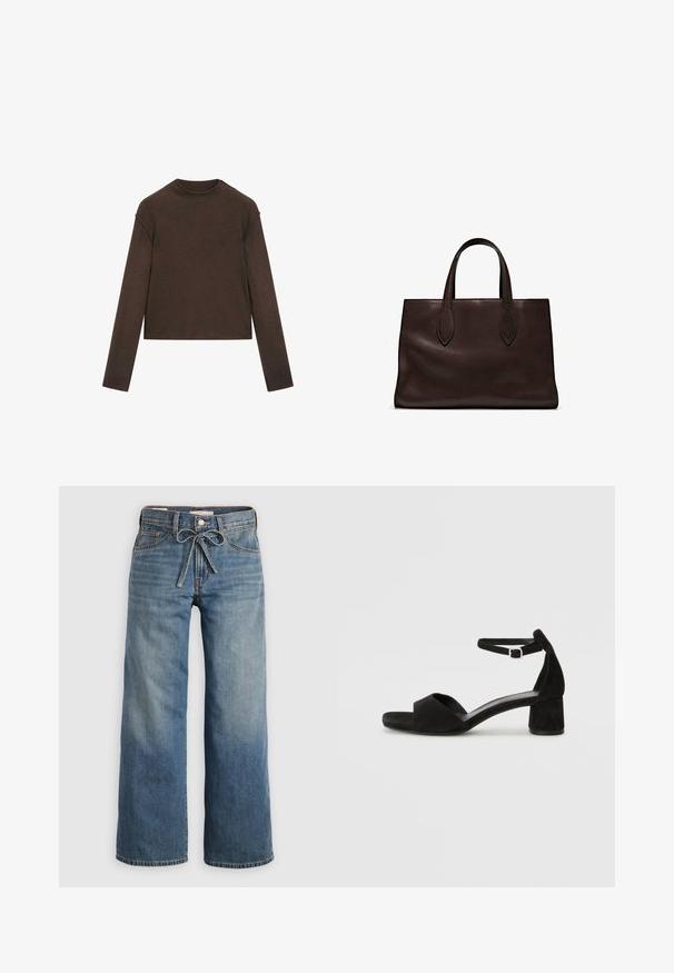 Dark brown long-sleeve crew neck sweater with a slightly cropped fit and simple, seamless design.; Light blue wide-leg jeans made from denim, featuring a drawstring waist, two front pockets, and subtle fading for texture.; Black suede heeled sandals with a thin ankle strap, open toe design, and a modest block heel. Smooth texture and minimal accents.; Brown leather tote bag with two elongated handles, structured rectangular shape, smooth texture, and subtle stitching details.