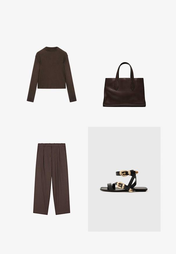 Dark brown long-sleeve crew neck sweater with a slightly cropped fit and simple, seamless design.; Brown pinstripe trousers with a wide leg design, pleats, and a smooth texture. Features include a waistband and subtle stitching details.; Black leather sandals with gold buckle accents, featuring multiple straps and a flat sole design for open-toe wear.; Brown leather tote bag with two elongated handles, structured rectangular shape, smooth texture, and subtle stitching details.