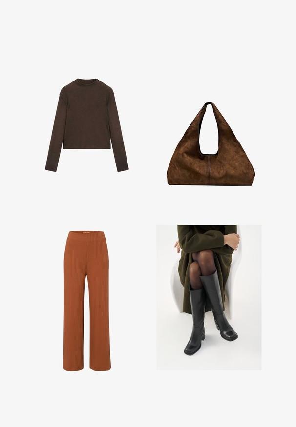 Donkerbruine trui met lange mouwen, ronde hals, iets cropped pasvorm en een eenvoudig, naadloos ontwerp.; Roodbruine wijde broek van ribstof met een elastische tailleband, met een soepele textuur en een relaxte pasvorm.; Knieschijf hoge zwarte leren laarzen met een vierkante neus en blokhak, getoond met een model dat zit in een olijfgroene jas. Gladde textuur, minimale details.; Bruine suède schoudertas met een open bovenkant. Heeft een diepe, brede vorm, een uitsnijdend handvat en een minimale stiksels voor een strak ontwerp.