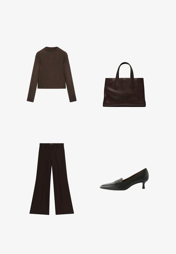 Ciemnobrązowy sweter z długim rękawem i okrągłym dekoltem, o lekko skróconym kroju i prostym, bezszwowym designie.; Czarne, szerokie spodnie z wysokim stanem, z pętelkami na pasek i bocznymi kieszeniami, leżące płasko na białym tle.; Czarne skórzane buty na obcasie z wąskim noskiem i dekoracyjnym paskiem. Posiadają niski obcas szpilkowy i gładką fakturę.; Brązowa skórzana torba tote z dwoma wydłużonymi uchwytami, usztywnionym prostokątnym kształtem, gładką teksturą i subtelnymi detalami przeszycia.
