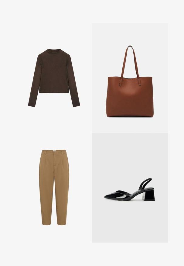 Maglione a maniche lunghe color marrone scuro con scollo rotondo, leggermente corto e dal design semplice e senza cuciture.; Kaffe KAMERLE CROPPED - Pantaloni - toasted coconut; Décolleté in vernice nera con punta affusolata e tacco in geometria cubica. Presentano un design elegante e minimalista, con una texture liscia.; Borsa tote in pelle marrone con texture liscia, design con apertura superiore e due spallacci. Presenta cuciture minime e nessun hardware visibile.