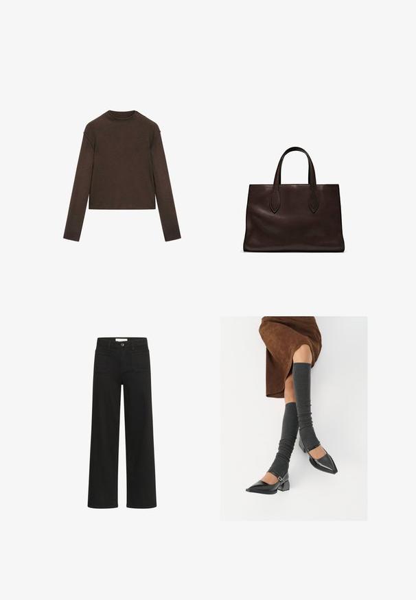Dunkelbrauner Pullover mit Rundhalsausschnitt und langen Ärmeln, leicht cropped und schlicht, nahtlos gestaltet.; Kaffe KABROOK HW REG FIT - Flared Jeans - black deep; Schwarze lacklederne spitze Schuhe mit Blockabsatz und Knöchelriemen, kombiniert mit grauen gerippten Beinstulpen und einem braunen Wildlederrock.; Braune Ledertasche mit zwei langen Griffen, strukturierte rechteckige Form, glatte Textur und dezente Nähdetails.