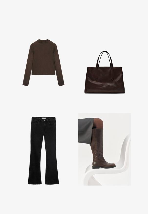 Tmavě hnědý svetr s dlouhým rukávem a kulatým výstřihem, mírně zkráceným střihem a jednoduchým, bezešvým designem.; Černé rozšířené džíny z měkké látky s nahrubo střiženým lemem, se dvěma předními kapsami a zapínáním na knoflík se skrytým zipem.; Hnědá kožená kotníková bota s rounded toe, hladkou texturou a minimálními švy, umístěná na světlém pozadí na bílé židli.; Massimo Dutti Kabelka - brown