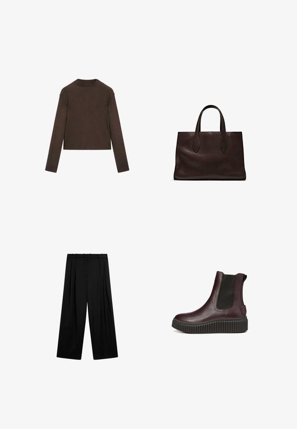 Mørkebrun langærmet trøje med rund hals, let cropped pasform og enkel, sømløs design.; Massimo Dutti DARTED - Bukser - black; Bordeaux læder ankelstøvle med en tekstureret, tyk sort gummisål. Har elastiske sidepaneler og en løftestrop bagpå.; Brun læder tote bag med to forlængede håndtag, struktureret rektangulær form, glat overflade og subtile syninger.