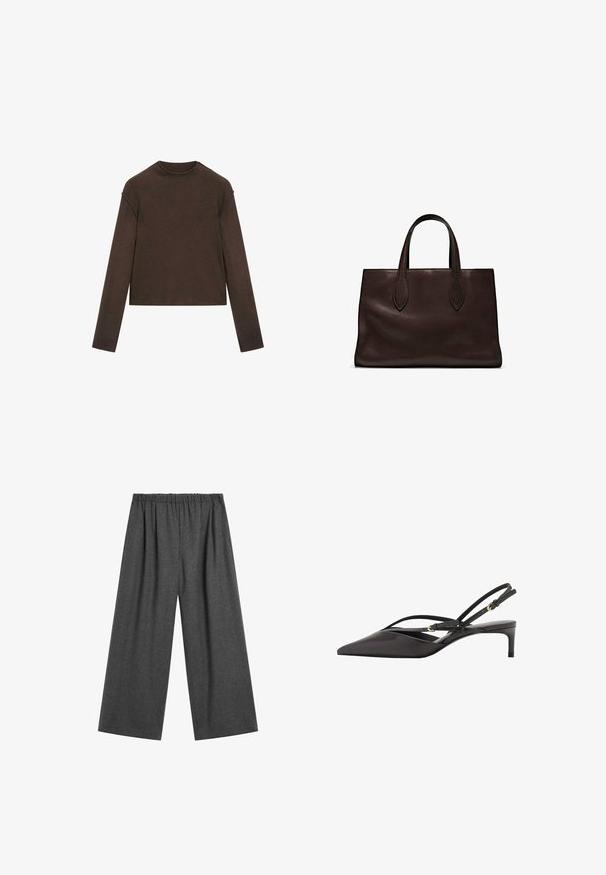 Dunkelbrauner Pullover mit Rundhalsausschnitt und langen Ärmeln, leicht cropped und schlicht, nahtlos gestaltet.; Weite Hosen aus dunkelgrauem Stoff mit einem elastischen Bund, die eine strukturierte Oberfläche haben und keine sichtbaren Muster oder Taschen aufweisen.; Schwarze Leder Slingback-Pumpe mit spitzem Zeh, schmalen Knöchelriemen und niedrigem Stiletto-Absatz. Glatte Textur mit minimalistischem Design.; Braune Ledertasche mit zwei langen Griffen, strukturierte rechteckige Form, glatte Textur und dezente Nähdetails.