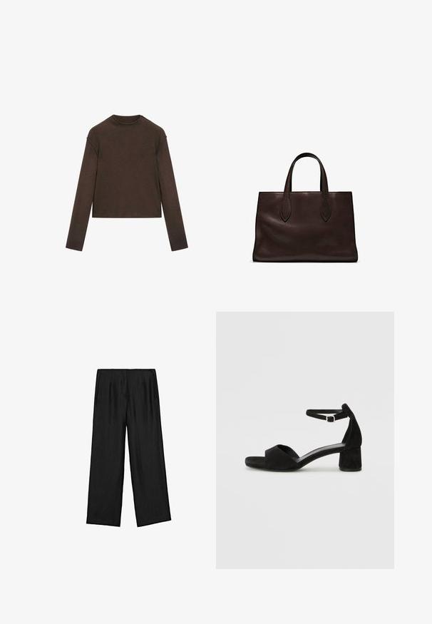Dark brown long-sleeve crew neck sweater with a slightly cropped fit and simple, seamless design.; Black wide-leg trousers with a textured fabric, featuring a high waist and pleats. The design is simple and unadorned.; Black suede heeled sandals with a thin ankle strap, open toe design, and a modest block heel. Smooth texture and minimal accents.; Brown leather tote bag with two elongated handles, structured rectangular shape, smooth texture, and subtle stitching details.