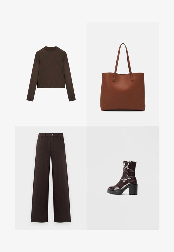 Mørkebrun langærmet trøje med rund hals, let cropped pasform og enkel, sømløs design.; Vidde benbukser i mørkebrun bomuldsstof. Har en knaplukning og forlommer, samt en glat tekstur og rene linjer.; Glatte burgunder ankelstøvler med en chunky sort hæl, der har en glat tekstur og et simpelt design. Ingen synlige lukninger eller mønstre.; Brun læder tote taske med en glat overflade, åben topdesign og to skulderremme. Har minimal syning og ingen synlig hardware.