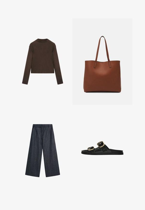 Donkerbruine trui met lange mouwen, ronde hals, iets cropped pasvorm en een eenvoudig, naadloos ontwerp.; Wijdvallende donkere denim broek met riemlussen en zijzakken, met een ontspannen pasvorm en een strikceintuur in de taille.; Zwarte slipper met twee gouden gesps, gladde textuur, platte zool en een minimalistisch ontwerp.; Bruine leren tote bag met een gladde textuur, een ontwerp met een open bovenkant en twee schouderbanden. Kenmerkt zich door minimale stiksels en geen zichtbare hardware.