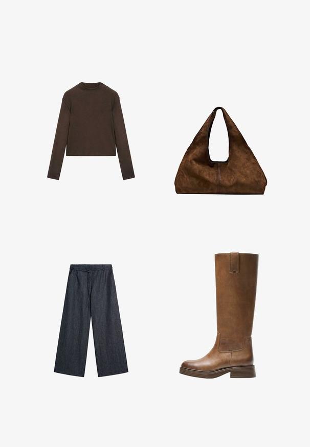Mörkbrun tröja med lång ärm och rund hals, något kortare passform och enkel, sömlös design.; Breda byxor i mörk denim med bältesslingor och sidofickor, med en avslappnad passform och ett knytbälte vid midjan.; Bruna läderknähöga stövlar med rund tå, texturerad yta och en staplad låg klack. Har en sidopanel och ett dragöglan högst upp.; Brun mocka axelväska med öppen topp. Har en djup, bred kropp, urgröpt handtag och minimal sömnad för en ren design.