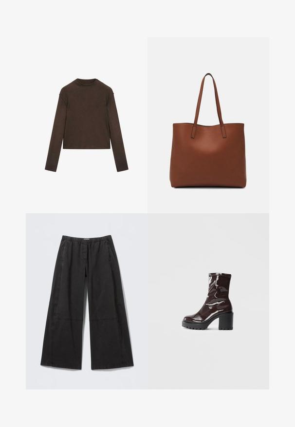 Tmavě hnědý svetr s dlouhým rukávem a kulatým výstřihem, mírně zkráceným střihem a jednoduchým, bezešvým designem.; Černé kalhoty s širokými nohavicemi z bavlny, s elastickým pasem, texturovanou látkou a našitými panely podél stran.; Lesklá bordó kotníková bota s masivním černým podpatkem, se hladkým povrchem a jednoduchým designem. Žádné viditelné zapínání ani vzory.; Hnědá kožená taška přes rameno s hladkou texturou, otevřeným designem a dvěma ramenními popruhy. Obsahuje minimální švy a žádné viditelné kovové prvky.