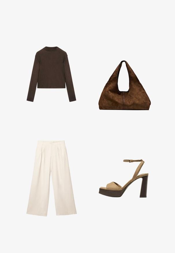 Mørkebrun langærmet trøje med rund hals, let cropped pasform og enkel, sømløs design.; Løse bukser i en lys beige farve med et blødt, tekstureret stof. Har fremadskuende folder og en elastisk talje for en afslappet pasform.; Beige ruskinds højhælede sandaler med en bred foranrem og ankelrem, der har en kraftig træblokhæls struktur.; Brun ruskind skuldertaske med åben top. Har en dyb, bred form, udskåret håndtag og minimal syning for et rent design.