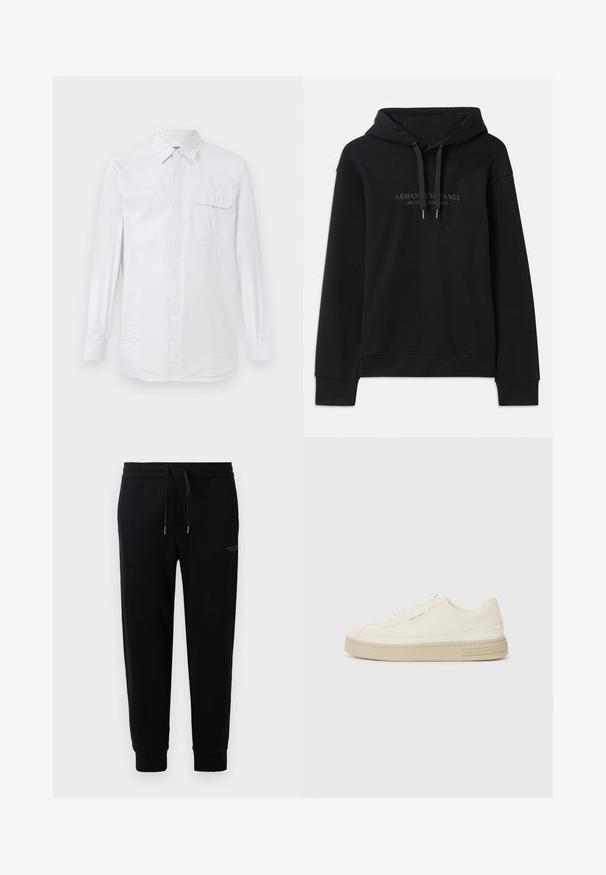 Melnā kapuce, kas izgatavota no mīksta auduma, ar aukliņu kapuci un ribotiem piedurkņu galiem. Izšūta logo tumšās tonis priekšpusē.; Balta garām piedurknēm pogājamā krekls ar smalkām vertikālām svītrām, krūšu kabata ar pogu vāciņu un klasisku apkakli uz vienkārša fona.; Melnas sporta bikses, izgatavotas no kokvilnas maisījuma, ar elastīgu jostu un auklu, piedurkņu galiem ar elkoņiem un diskrētu logo druku sānos.; Baltas kanvas sporta apavi ar strukturētu gumijas zoli, ar šūtu purngalu un logotipu uz papēža. Vienkāršs auklu aizdare dizains.