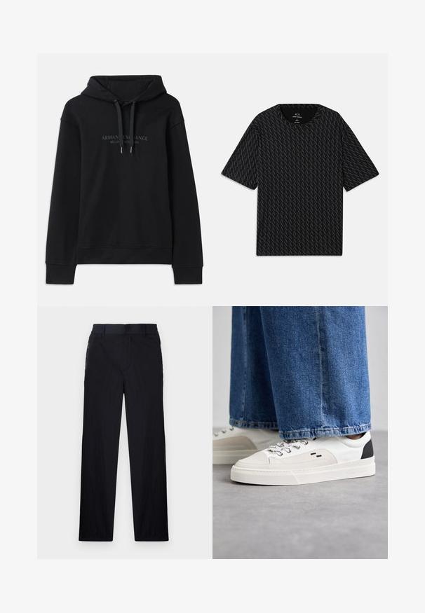 Felpa nera realizzata in tessuto morbido, con cappuccio regolabile tramite cordino e polsini a costine. Logo ricamato in tonalità scure sulla parte anteriore.; T-shirt nera con un motivo testurizzato di loghi 'A' alternati, maniche corte e scollo rotondo. Realizzata in tessuto leggero.; Pantaloni neri realizzati in un tessuto leggero e strutturato, con taglio dritto, vita elasticizzata e tasche laterali con zip.; Sneaker bianche e nere con parte superiore in pelle liscia, dettagli testurizzati e suola bianca spessa. Presentano un classico design con lacci.