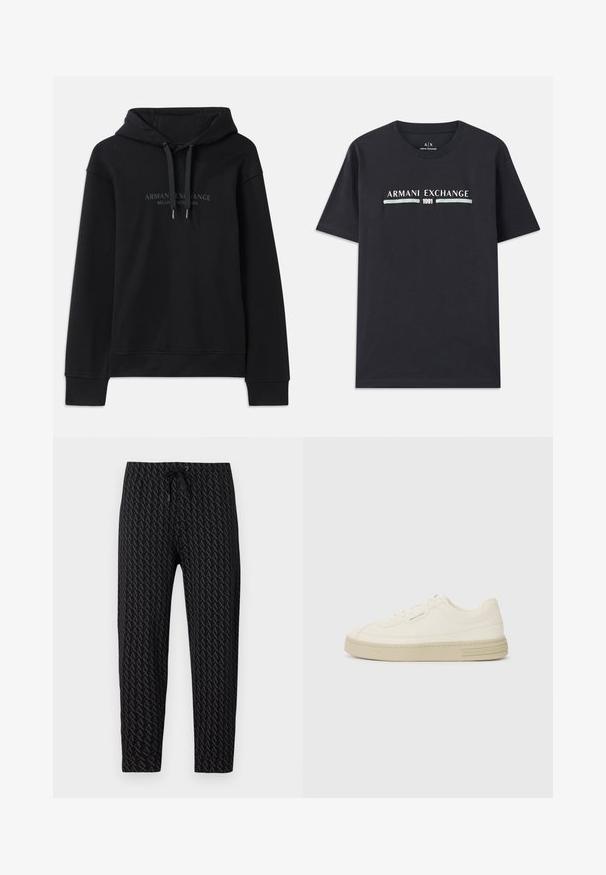Czarna bluza z kapturem wykonana z miękkiego materiału, z regulowanym kapturem i ściągaczami na mankietach. Haftowane logo w ciemnych odcieniach na przodzie.; Czarna bawełniana koszulka z krótkim rękawem przedstawiająca logo "Armani Exchange" oraz napis "1991" w białym i jasnoniebieskim kolorze na przodzie. Okrągły dekolt.; Armani Exchange - Spodnie treningowe; Białe płócienne trampki z teksturowaną gumową podeszwą, z haftowanym noskiem i akcentem logo na pięcie. Prosty design na sznurówki.