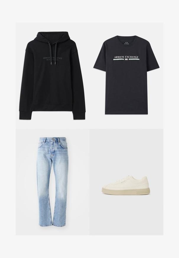 Svart hettegenser laget av mykt stoff, med snor til hetten og ribbede mansjetter. Brodert logo i mørke toner på fronten.; Svart bomull T-skjorte med "Armani Exchange"-logo og "1991" i hvit og lyseblå tekst over brystet. Korte ermer, rund hals.; Lyse blå denimjeans med rett ben. Har fem lommer, knappestolpe og en falmet tekstur mot bunnen.; Hvite lerrets sneakers med en teksturert gummisåle, med en sydd tåhette og logo aksent på hælen. Enkel snøring.