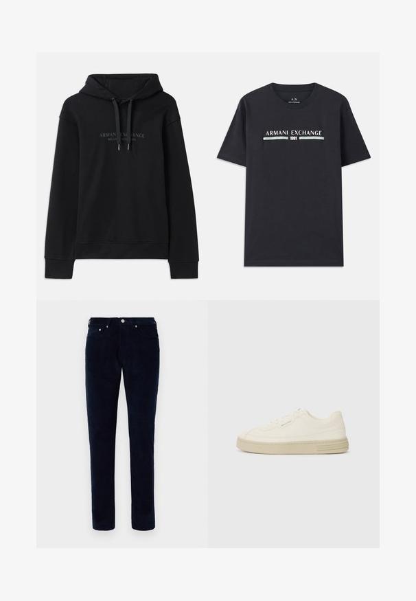 Črna kapuca iz mehkega materiala, z vrvico za nastavitev in rebrastimi manšetami. Vezeno logotip v temnih tonih na sprednji strani.; Črna bombažna majica s kratkimi rokavi, ki na prsih prikazuje logo "Armani Exchange" in leto "1991" v beli in svetlo modri barvi. Ima okroglo izreza.; Moške slim-fit hlače iz temno modrega kordja z sprednjimi in zadnjimi žepi, pasnimi zankami ter gumbom za zapiranje.; Bele platnene športne copate z teksturirano gumijasto podplatom, ki imajo šivani zaščitni prst in logo na peti. Enostavna zasnova z vezalkami.