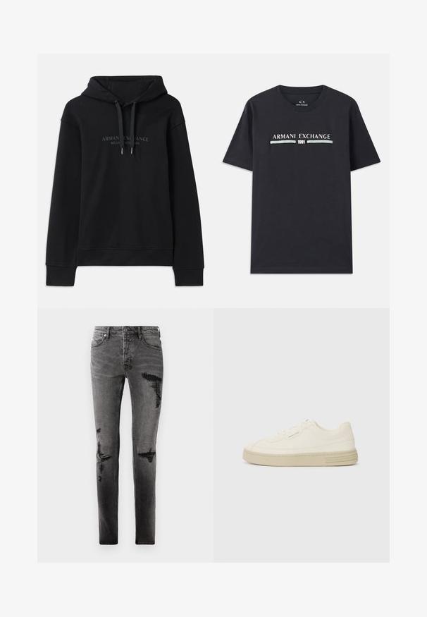 Mustaparta, joka on valmistettu pehmeästä kankaasta, jossa on narutettava huppu ja ribattu hihansuu. Edessä tummasävyinen brodeerattu logo.; Mustat puuvillapaitat, joissa on "Armani Exchange" -logo ja "1991" valkoisella ja vaaleansinisellä tekstillä rinnassa. Lyhyt hiha, pyöreä kaula-aukko.; Musta farkkuhousu, jossa on revittyjä yksityiskohtia, slim fit -malli, viisi taskua ja perinteinen vetoketju. Kulunut ilme, jossa on haalistuneita alueita.; Valkoiset kangastennarit, joissa on tekstuurilla varustettu kumipohja, ommeltu varvastuppi ja logo-aksentti kantapäässä. Yksinkertainen nauhakiinnitys.
