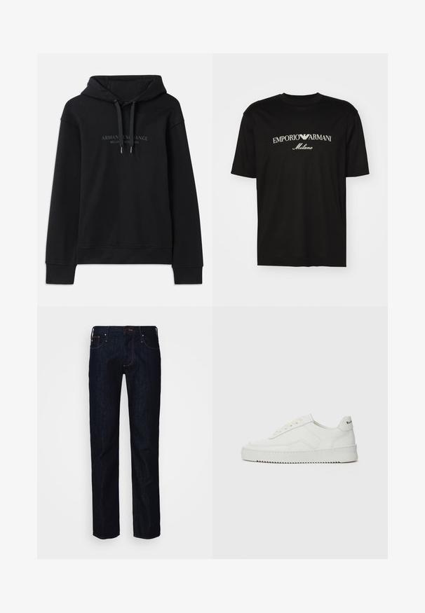 Sweatshirt preto feito de tecido macio, com capô ajustável e punhos canelados. Logótipo bordado em tons escuros na parte da frente.; T-shirt de algodão preta com gola redonda, mangas curtas e o logo "EMPORIO ARMANI" em branco acima de "Milano" num design curvo.; Jeans de denim azul escuro com corte reto, apresentando costura laranja, fecho de botão e bolsos frontais. Textura suave, sem padrões.; Sapatilha de couro branco com acabamento suave, bico redondo, atacadores planos e uma sola texturizada. Apresenta um logotipo discreto no calcanhar.