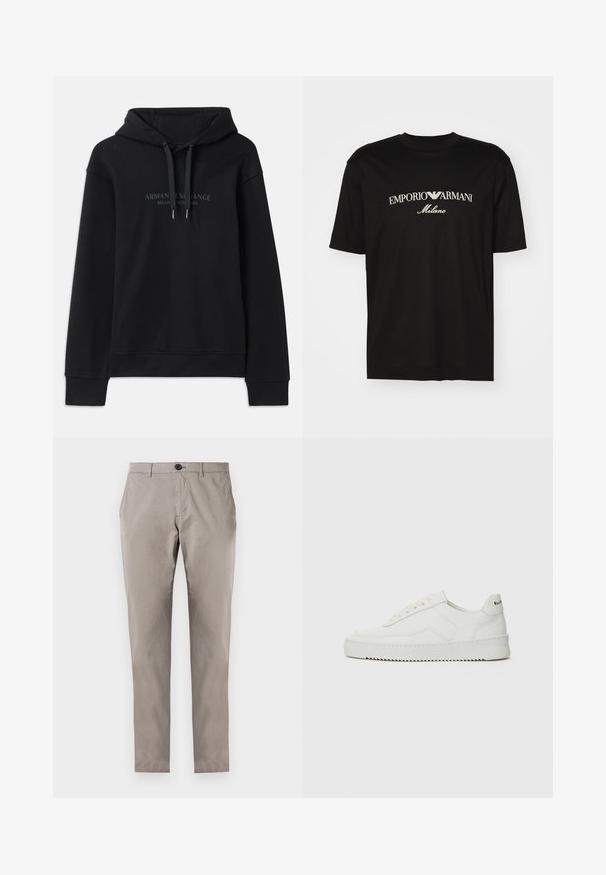 Crna dukserica s kapuljačom izrađena od mekanog materijala, s povlačnom kapuljačom i rebrastim manžetama. Izvezeni logo u tamnim tonovima na prednjoj strani.; Crna pamučna majica s okruglim izrezom, kratkim rukavima i bijelim logotipom "EMPORIO ARMANI" iznad riječi "Milano" u zakrivljenom dizajnu.; Sive pamučne hlače ravnog kroja, s kopčanjem na dugme, prednjim džepovima i glatkom teksturom. Nema drugih detalja ili uzoraka vidljivih.; Bijele kožne tenisice s glatkom površinom, okruglim vrhom, ravnim vezicama i teksturiranom potplatom. Imaju suptilan logo na peti.