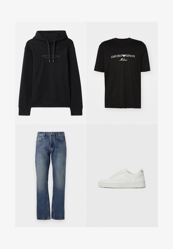 Črna kapuca iz mehkega materiala, z vrvico za nastavitev in rebrastimi manšetami. Vezeno logotip v temnih tonih na sprednji strani.; Črna bombažna majica s krožnim izrezom, kratkimi rokavi in logotipom "EMPORIO ARMANI" v beli barvi nad napisom "Milano" v ukrivljenem oblikovanju.; Modri kavbojki z ravnim krojem, z obrabljenim videzom, petimi žepi in kovinsko opremo v pasu.; Bela usnjena športna obutev z gladko površino, okroglo prst, ravne vezalke in teksturiran podplat. Ima diskretno logo na peti.
