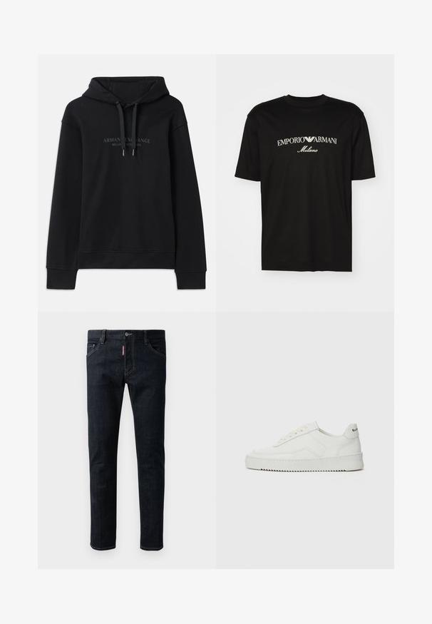 Čierna mikina s kapucňou vyrobená z mäkkej tkaniny, s nastaviteľnou kapucňou a rebrovanými manžetami. Na prednej strane je vyšitý logo v tmavých odtieňoch.; Čierne bavlnené tričko s okrúhlym výstrihom, krátkymi rukávmi a bielym logom "EMPORIO ARMANI" nad textom "Milano" v zakrivenej línii.; Tmavomodré džíny s úzkym strihom, s gombíkovým zapínaním, piatimi vreckami a kontrastným žltým prešívaním na švoch.; Biele kožené tenisky s hladkým povrchom, okrúly špičkový dizajn, ploché šnúrky a textúrovaná podrážka. Obsahujú jemné logo na päte.