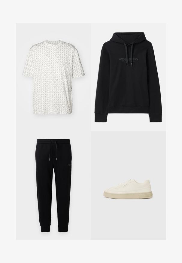 Črna kapuca iz mehkega materiala, z vrvico za nastavitev in rebrastimi manšetami. Vezeno logotip v temnih tonih na sprednji strani.; Bela majica s kratkimi rokavi, okroglim izrezom in sproščenim krojem, ki je odeta v ponavljajoč sivi vzorec črke "A". Narejena iz mehkega materiala.; Črne trenirke iz mešanice bombaža, z elastičnim pasom in vrvico, z manšetami na gležnjih ter diskretnim tiskom logotipa ob strani.; Bele platnene športne copate z teksturirano gumijasto podplatom, ki imajo šivani zaščitni prst in logo na peti. Enostavna zasnova z vezalkami.