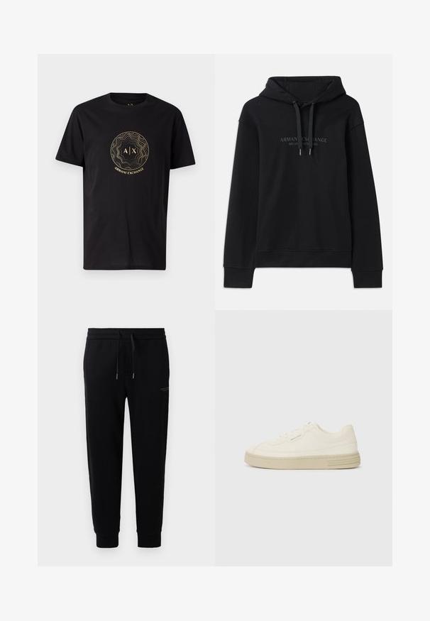 Juodas gobtuvėlis, pagamintas iš minkštos medžiagos, su stringsinio gobtuvu ir briaunotais rankovėmis. Išsiuvinėtas logotipas tamsiomis tonomis priekyje.; Juoda medvilninė marškinėliai su apvaliu auksiniu logotipu, kuriame užrašyti "AIX" ir "Armani Exchange" tekstas. Trumpi rankovės, apvalus kaklas, lygus paviršius.; Juodi džinsiniai kelnių stiliaus kelnės, pagamintos iš medvilnės mišinio, su elastinga juosta ir raišteliu, uždengtais kulkšniais ir švelniu logotipo spaudiniu šone.; Baltos drobės sportbačiai su tekstūruota guma padais, turintys siuvinėtą pirštų apsaugą ir logotipo akcentą ant kulno. Paprastas rišamas dizainas.