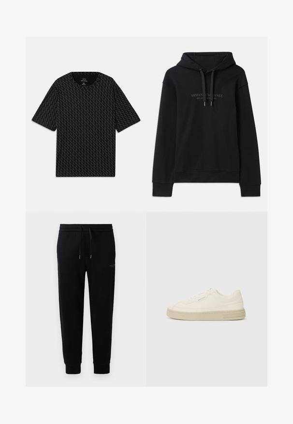 Sweatshirt preto feito de tecido macio, com capô ajustável e punhos canelados. Logótipo bordado em tons escuros na parte da frente.; Camiseta preta com um padrão texturizado de logótipos 'A' alternados, mangas curtas e decote redondo. Feita de tecido leve.; Calças de corrida pretas em mistura de algodão, com uma cintura elástica com cordão, tornozelos ajustados e uma impressão de logótipo subtil na lateral.; Ténis de tela brancos com sola de borracha texturizada, apresentando uma biqueira cosida e um detalhe com o logótipo no calcanhar. Design simples com atacadores.