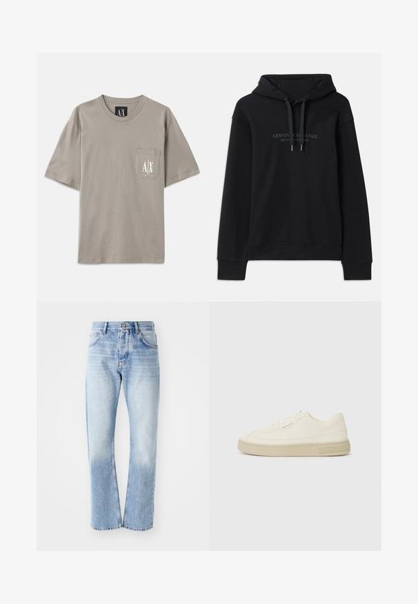 Sudadera negra hecha de una tela suave, con capucha ajustable y puños acanalados. Logotipo bordado en tonos oscuros en la parte delantera.; Camiseta gris de manga corta hecha de algodón, con un bolsillo en el lado izquierdo del pecho que lleva un diseño de logo blanco. Cuello redondo, corte relajado.; Jeans de mezclilla azul claro con corte recto. Presenta un diseño de cinco bolsillos, cierre de botón y una textura deslavada hacia la parte inferior.; Zapatillas de lona blancas con suela de goma texturizada, que cuentan con una puntera cosida y un acento de logo en el talón. Diseño simple de cordones.