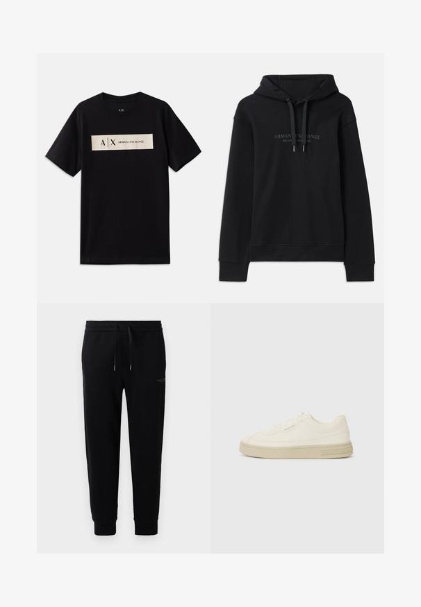 Hanorac negru din material moale, cu glugă ajustabilă și mansete ribbed. Logo brodat în nuanțe închise pe față.; Tricou negru cu mânecă scurtă și gât rotund, având un patch logo rectangular bej cu textul "A|X Armani Exchange" pe piept.; Pantaloni jogger negri dintr-un amestec de bumbac, cu talie elastică și șnur, glezne cu manșete și o improntă discretă a logo-ului pe lateral.; Adidași albi din pânză cu o talpă din cauciuc texturată, având un vârf cusut și un accent cu logo pe călcâi. Design simplu cu șireturi.