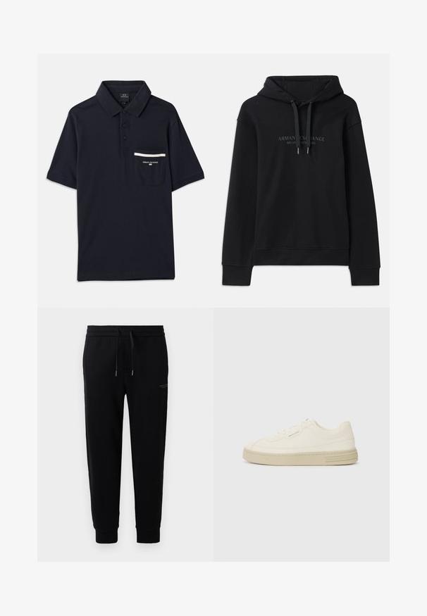 Juodas gobtuvėlis, pagamintas iš minkštos medžiagos, su stringsinio gobtuvu ir briaunotais rankovėmis. Išsiuvinėtas logotipas tamsiomis tonomis priekyje.; Tamsiai mėlynas polo marškinėlis, pagamintas iš medvilnės, su trimis sagomis, trumpomis rankovėmis ir kišenėle su baltais dryžiais.; Juodi džinsiniai kelnių stiliaus kelnės, pagamintos iš medvilnės mišinio, su elastinga juosta ir raišteliu, uždengtais kulkšniais ir švelniu logotipo spaudiniu šone.; Baltos drobės sportbačiai su tekstūruota guma padais, turintys siuvinėtą pirštų apsaugą ir logotipo akcentą ant kulno. Paprastas rišamas dizainas.