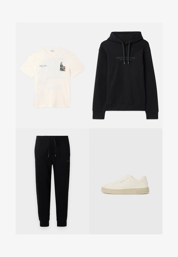 Juodas gobtuvėlis, pagamintas iš minkštos medžiagos, su stringsinio gobtuvu ir briaunotais rankovėmis. Išsiuvinėtas logotipas tamsiomis tonomis priekyje.; Kremo spalvos medvilninis marškinėliai su grafika, kurioje pavaizduoti vienas ant kito sukrauti kasetės, kairėje krūtinės pusėje, su mėlynais ir rudi akcentais ir tekstu.; Juodi džinsiniai kelnių stiliaus kelnės, pagamintos iš medvilnės mišinio, su elastinga juosta ir raišteliu, uždengtais kulkšniais ir švelniu logotipo spaudiniu šone.; Baltos drobės sportbačiai su tekstūruota guma padais, turintys siuvinėtą pirštų apsaugą ir logotipo akcentą ant kulno. Paprastas rišamas dizainas.