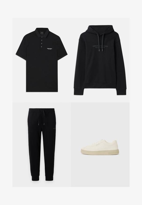 Hanorac negru din material moale, cu glugă ajustabilă și mansete ribbed. Logo brodat în nuanțe închise pe față.; Polo negru din bumbac, cu guler standard, placket cu trei butoane și un mic logo alb "Armani Exchange" pe partea stângă.; Pantaloni jogger negri dintr-un amestec de bumbac, cu talie elastică și șnur, glezne cu manșete și o improntă discretă a logo-ului pe lateral.; Adidași albi din pânză cu o talpă din cauciuc texturată, având un vârf cusut și un accent cu logo pe călcâi. Design simplu cu șireturi.