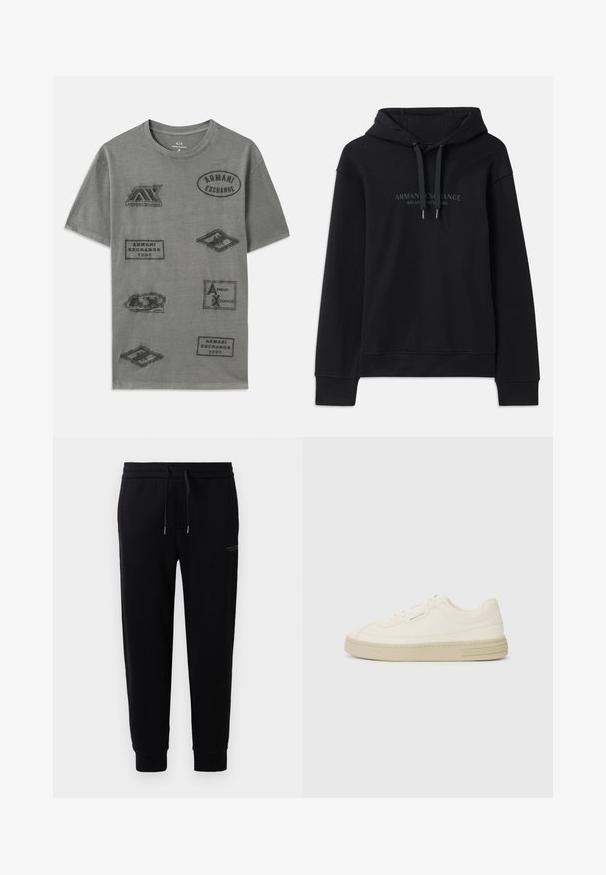 Črna kapuca iz mehkega materiala, z vrvico za nastavitev in rebrastimi manšetami. Vezeno logotip v temnih tonih na sprednji strani.; Siva bombažna majica z več odtisnjenimi nalepkami z blagovno znamko "Armani Exchange" v različnih oblikah in velikostih. Oblikovanje s krojnim izrezom.; Črne trenirke iz mešanice bombaža, z elastičnim pasom in vrvico, z manšetami na gležnjih ter diskretnim tiskom logotipa ob strani.; Bele platnene športne copate z teksturirano gumijasto podplatom, ki imajo šivani zaščitni prst in logo na peti. Enostavna zasnova z vezalkami.