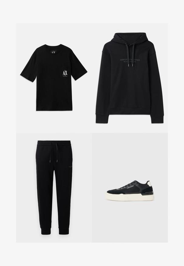 Črna kapuca iz mehkega materiala, z vrvico za nastavitev in rebrastimi manšetami. Vezeno logotip v temnih tonih na sprednji strani.; Črna majica s kratkimi rokavi iz bombaža, z žepom na levem prsnem delu in belim potiskanim logotipom, ter okroglo ovratnikom.; Črne trenirke iz mešanice bombaža, z elastičnim pasom in vrvico, z manšetami na gležnjih ter diskretnim tiskom logotipa ob strani.; Črne superge iz mrežastega materiala in usnja, z debelim belim podplatom in kontrastnimi poudarki. Pertle in detajl logotipa ob strani.