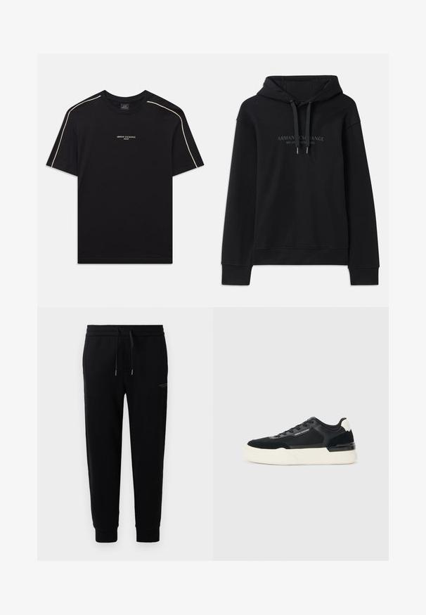 Čierna mikina s kapucňou vyrobená z mäkkej tkaniny, s nastaviteľnou kapucňou a rebrovanými manžetami. Na prednej strane je vyšitý logo v tmavých odtieňoch.; Čierne bavlnené tričko s krátkymi rukávmi, okrúhlym výstrihom, béžovým kontrastným prešívaním na pleciach a logom ARMANI EXCHANGE v strede.; Čierne tepláky z bavlneného zmesi, s elastickým pásom so šnúrkou, s manžetami na členkoch a nenápadným potlačeným logom na boku.; Čierne tenisky vyrobené z textílie a kože, s hrubou bielou podrážkou a kontrastnými akcentmi. Šnúrky a detail loga na boku.