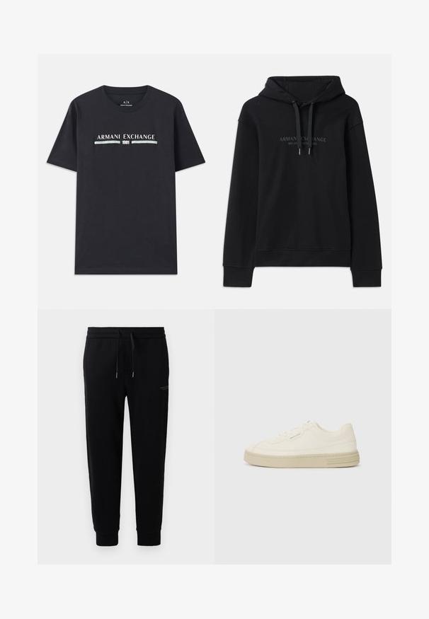 Musta kapuutsiga sviiter, mis on valmistatud pehmest kangast ja millel on reguleeritav kapuuts ning soonikkoes mansetid. Esiküljel on tumedates toonides tikitud logo.; Must must, mille värvi "Armani Exchange" logo ja "1991" valge ja helesinise tekstiga rinnal. Lühikesed varrukad, ümar kaeluse lähenemine.; Mustad mustad püksid, mis on valmistatud puuvilla segust, elastse vöökoha ja paelaga, mansettidega pahkluudega ning peene logo trükiga külgedel.; Valged kangast spordijalatsid tekstureeritud kummist tallaga, tükkide õmblusega varbakaitsme ja logo rõhuasetusega kandmisel. Lihtne lipsuga disain.