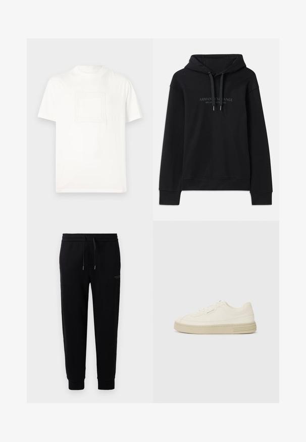 Melnā kapuce, kas izgatavota no mīksta auduma, ar aukliņu kapuci un ribotiem piedurkņu galiem. Izšūta logo tumšās tonis priekšpusē.; Balta īsām piedurknēm T-kreklā, kas izgatavots no gluda kokvilnas, ar teksturētu kvadrātlogotipu priekšā. Apaļš kakla izgriezums un brīva piegriezuma stils.; Melnas sporta bikses, izgatavotas no kokvilnas maisījuma, ar elastīgu jostu un auklu, piedurkņu galiem ar elkoņiem un diskrētu logo druku sānos.; Baltas kanvas sporta apavi ar strukturētu gumijas zoli, ar šūtu purngalu un logotipu uz papēža. Vienkāršs auklu aizdare dizains.