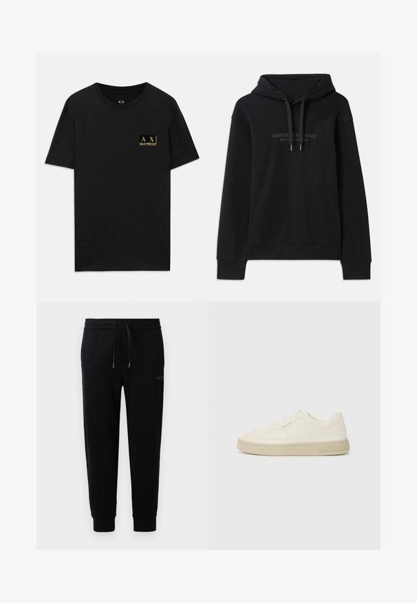 Melnā kapuce, kas izgatavota no mīksta auduma, ar aukliņu kapuci un ribotiem piedurkņu galiem. Izšūta logo tumšās tonis priekšpusē.; Melna kokvilnas T-krekls ar apaļu kakla izgriezumu. Iezīmējas ar nelielu zelta logotipa uzlīmi kreisajā krūšu pusē, kurā ir teksts "AX Armani Exchange". Klasisks griezums.; Melnas sporta bikses, izgatavotas no kokvilnas maisījuma, ar elastīgu jostu un auklu, piedurkņu galiem ar elkoņiem un diskrētu logo druku sānos.; Baltas kanvas sporta apavi ar strukturētu gumijas zoli, ar šūtu purngalu un logotipu uz papēža. Vienkāršs auklu aizdare dizains.